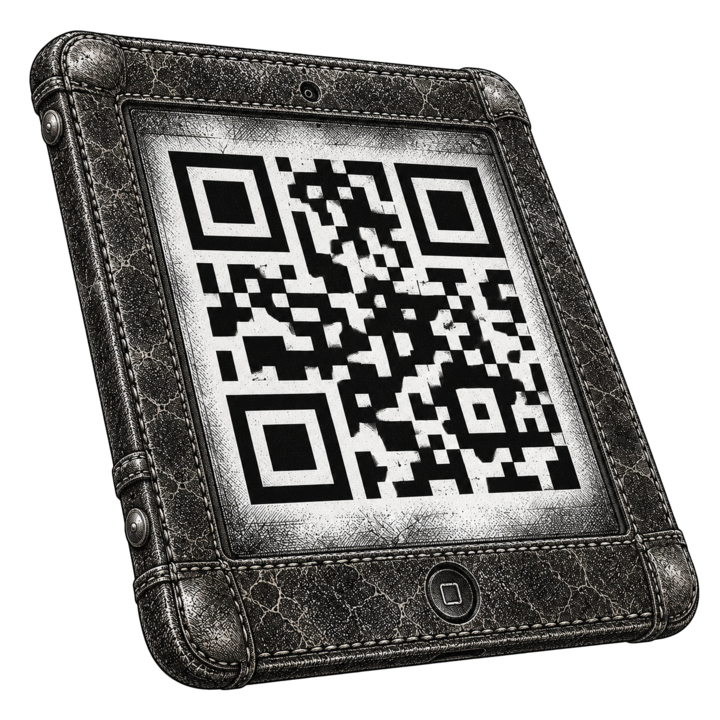 Le logo de qr4prez : une tablette gainée de cuir, gravée à l'ancienne, affichant un grand QR code.