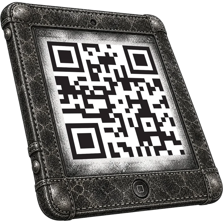 Le logo de qr4prez : une tablette gainée de cuir, gravée à l'ancienne, affichant un grand QR code.