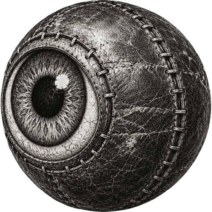 A stitched leather eyeball, drawn like an antique engraving: the eye that looks on every turn of the loop.