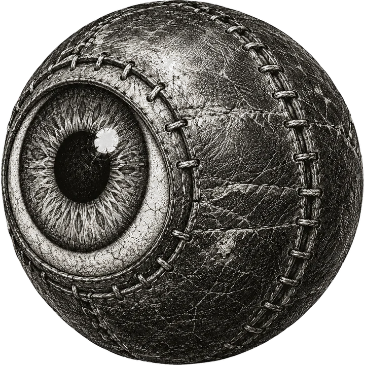 A stitched leather eyeball, drawn like an antique engraving: the eye that looks on every turn of the loop.