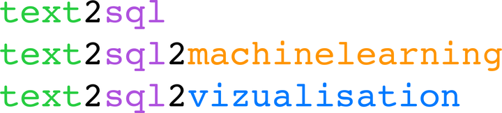 Les trois noms en typo monospace colorée : text2sql en vert/violet, text2sql2machinelearning en orange, text2sql2visualisation en bleu.