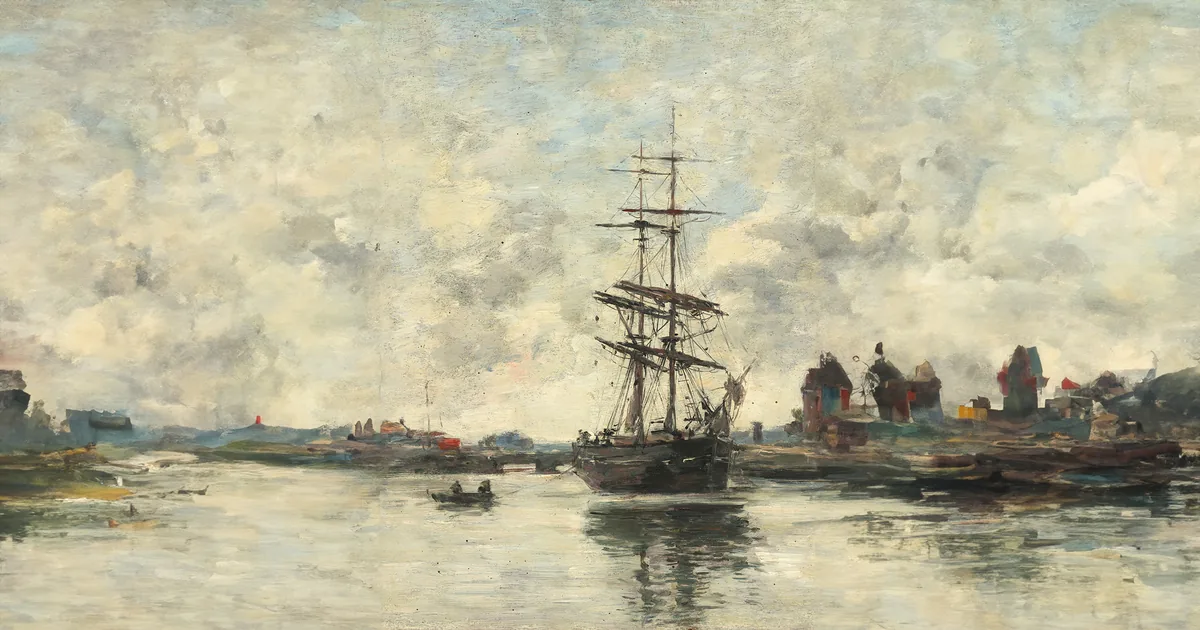 A three-masted ship moored in an estuary, a rowing boat alongside, in front of a small port town