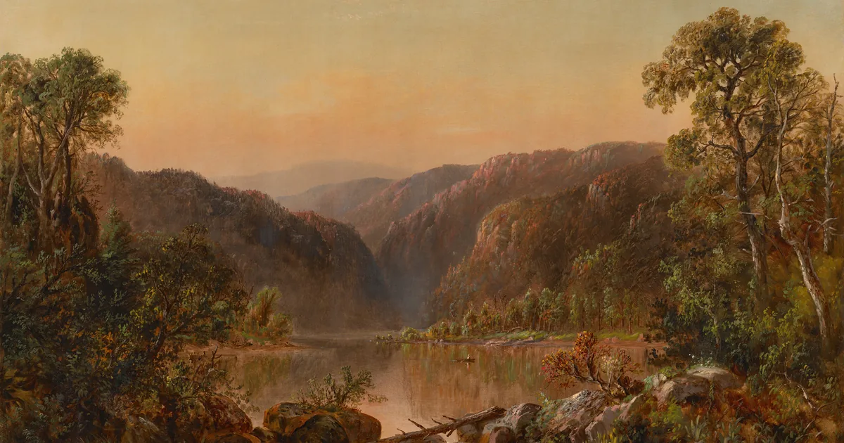 A river in a wooded gorge opening onto pale hills, a tiny rowing boat under an amber sky